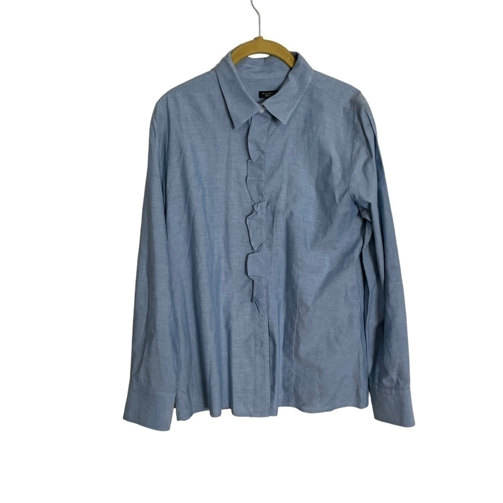Talbots Chambray Blue Ruffle Front Button-Down Blouse